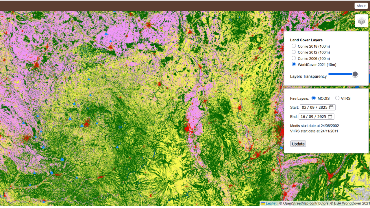 Este mapa interactivo combina datos de detección de incendios casi en tiempo real de los satélites MODIS y VIIRS con información detallada sobre la cobertura terrestre, como CORINE Land Cover .